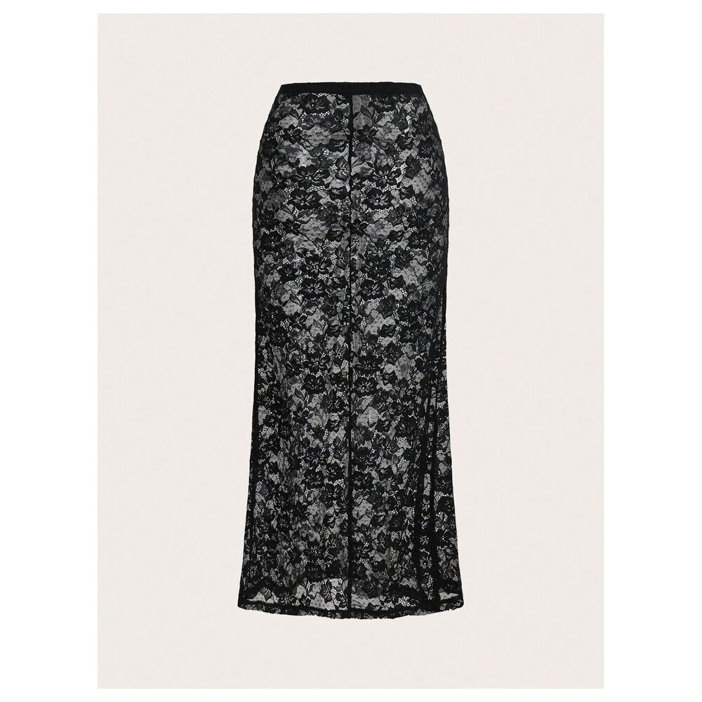 1483 Low Rise Floral Lace Mesh Perspective Long Skirt Straight Leg Cheeky - Picture 2 of 5